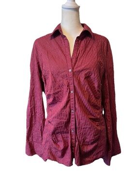 Express Red Striped Ruched Button Down Long Sleeve Blouse